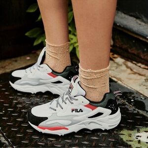 Fila Black and White Ray Tracer Sneakers with Red Highlights